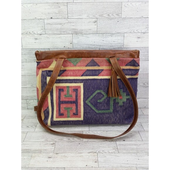 Vintage Tapestry Bag Leather Accents Hand Crafted Carpet Bag Western - Picture 1 of 16